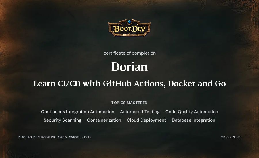 Dorian's Boot.dev Learn CI/CD with GitHub Actions, Docker and Go certificate