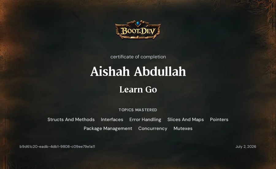 Aishah Abdullah's Boot.dev Learn Go certificate