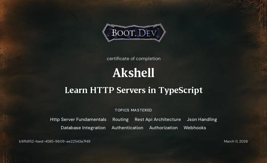 Akshell's Boot.dev Learn HTTP Servers in TypeScript certificate