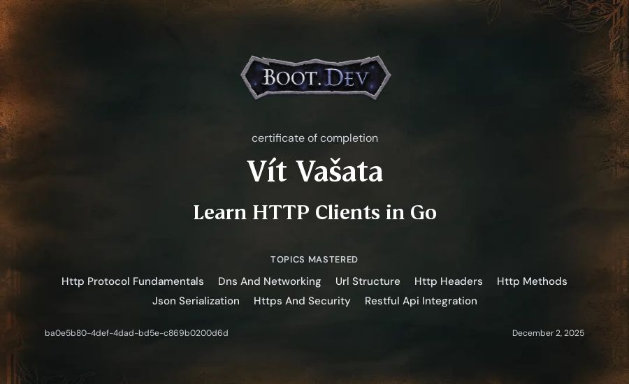 Vít Vašata's Boot.dev Learn HTTP Clients in Go certificate