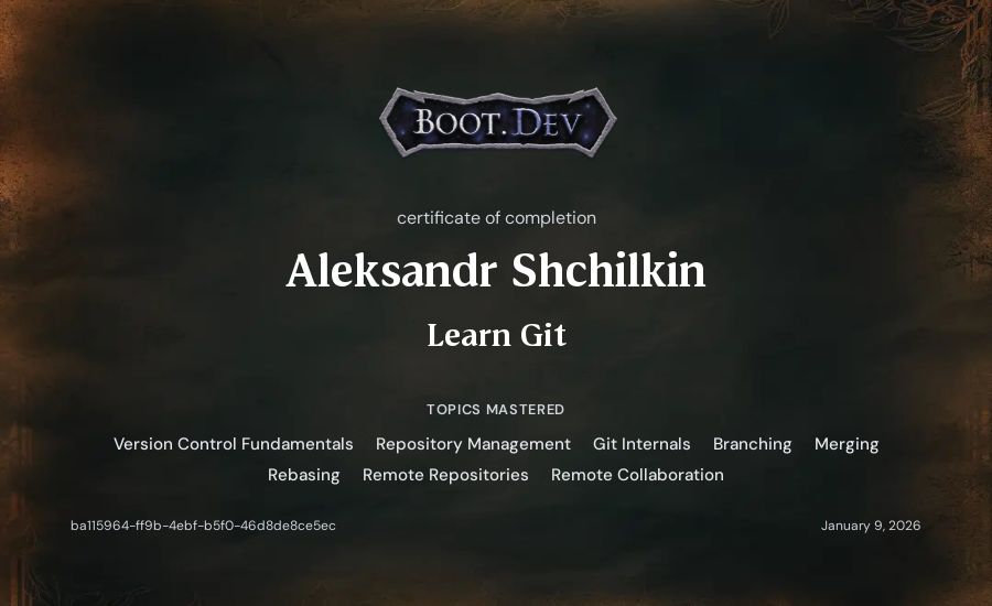 Aleksandr Shchilkin's Boot.dev Learn Git certificate