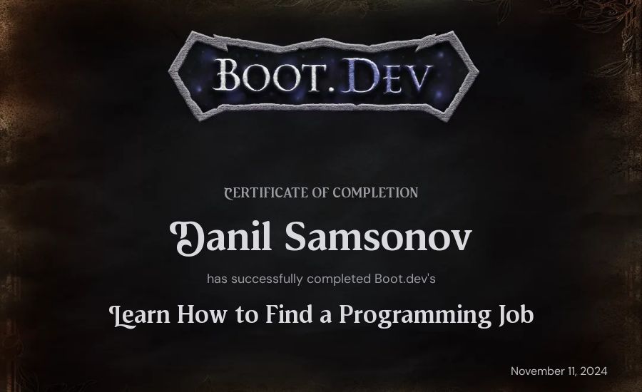 Danil Samsonov's Boot.dev Learn How to Find a Programming Job certificate