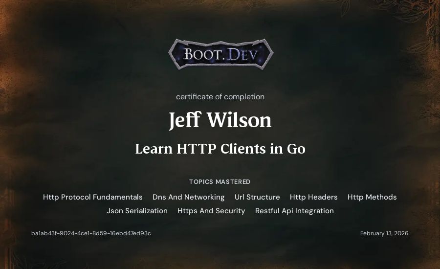 Jeff Wilson's Boot.dev Learn HTTP Clients in Go certificate