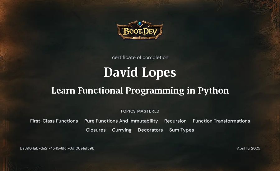 David Lopes's Boot.dev Learn Functional Programming in Python certificate