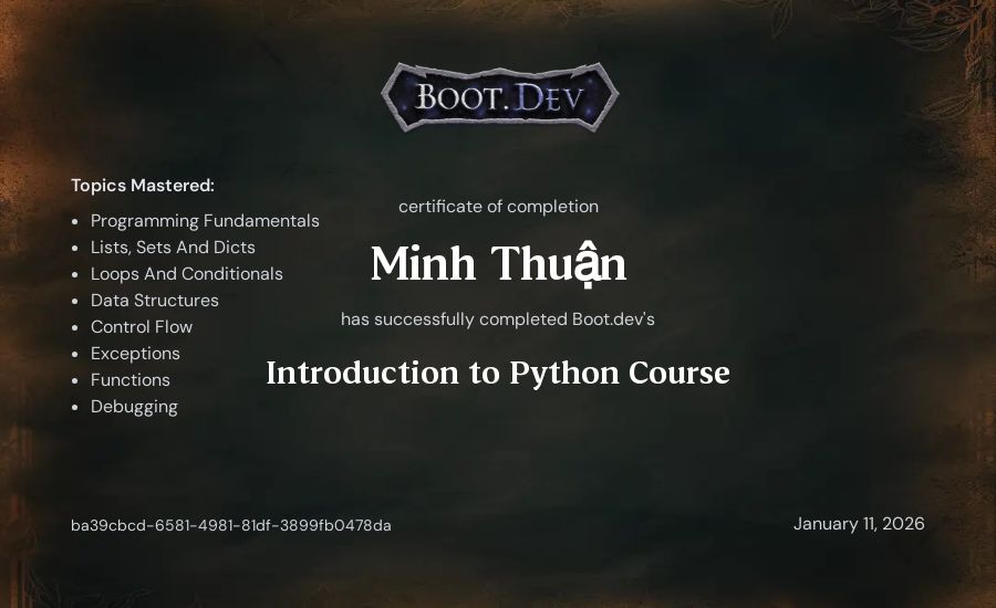 Thuận Võ's Boot.dev Introduction to Python Course certificate