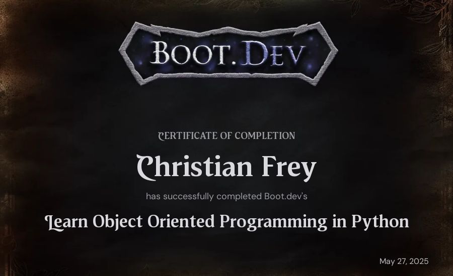 Christian Frey's Boot.dev Learn Object Oriented Programming in Python certificate