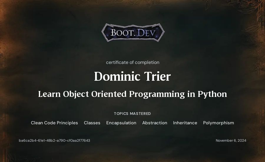 Dominic Trier's Boot.dev Learn Object Oriented Programming in Python certificate