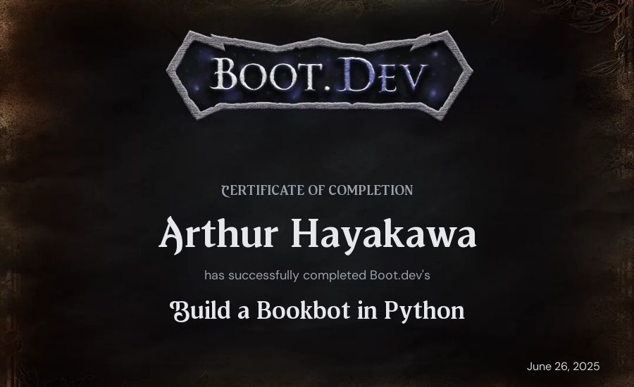 Arthur Hayakawa's Boot.dev Build a BookBot in Python certificate