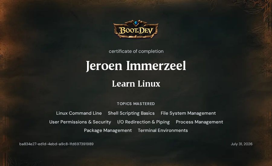 Jeroen Immerzeel's Boot.dev Learn Linux certificate