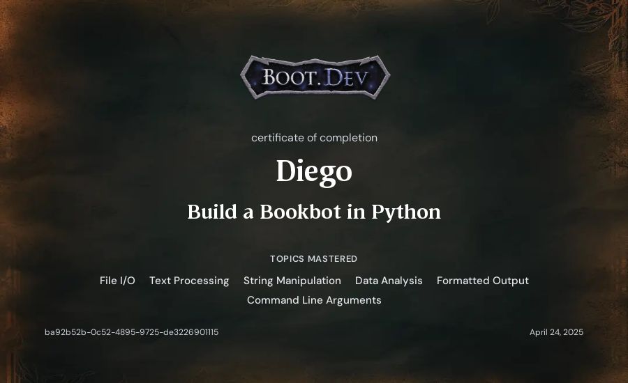 Diego's Boot.dev Build a BookBot in Python certificate