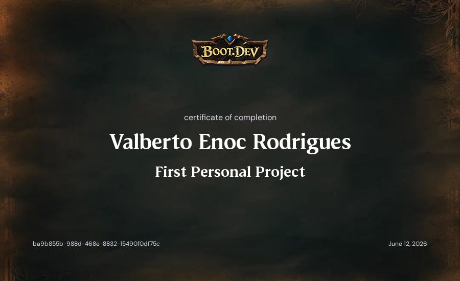 Valberto Enoc Rodrigues's Boot.dev First Personal Project certificate