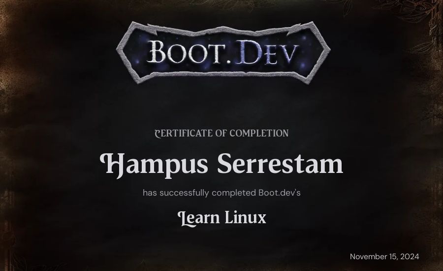 Hampus Serrestam's Boot.dev Learn Linux certificate
