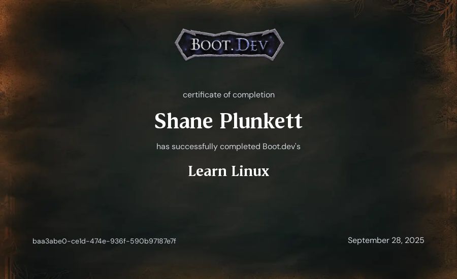 Shane Plunkett's Boot.dev Learn Linux certificate