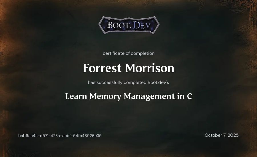 Forrest Morrison's Boot.dev Learn Memory Management in C certificate