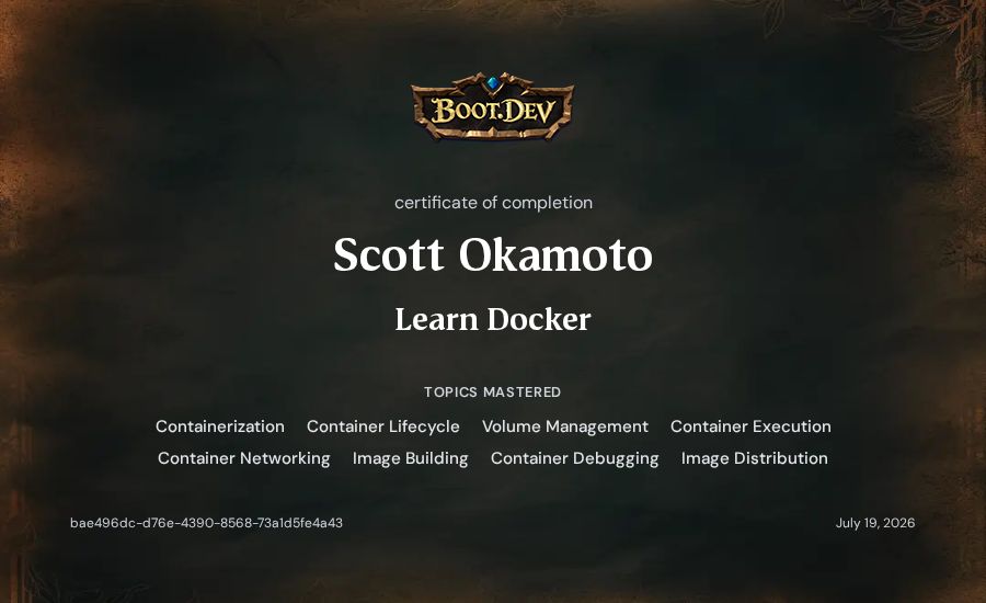 Scott Okamoto's Boot.dev Learn Docker certificate