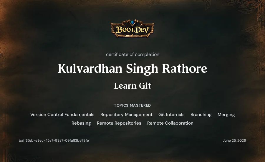 Kulvardhan Singh Rathore's Boot.dev Learn Git certificate