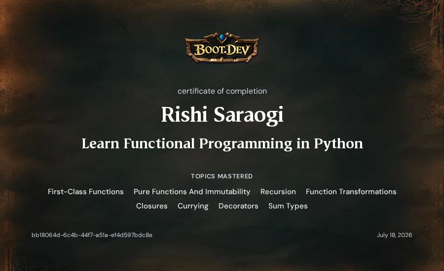 Rishi Saraogi's Boot.dev Learn Functional Programming in Python certificate