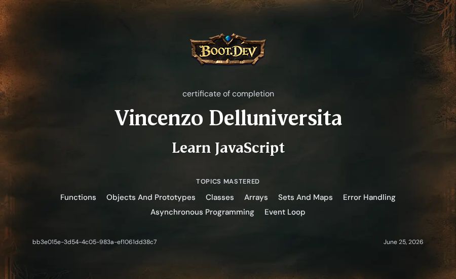 Vincenzo Delluniversita's Boot.dev Learn JavaScript certificate
