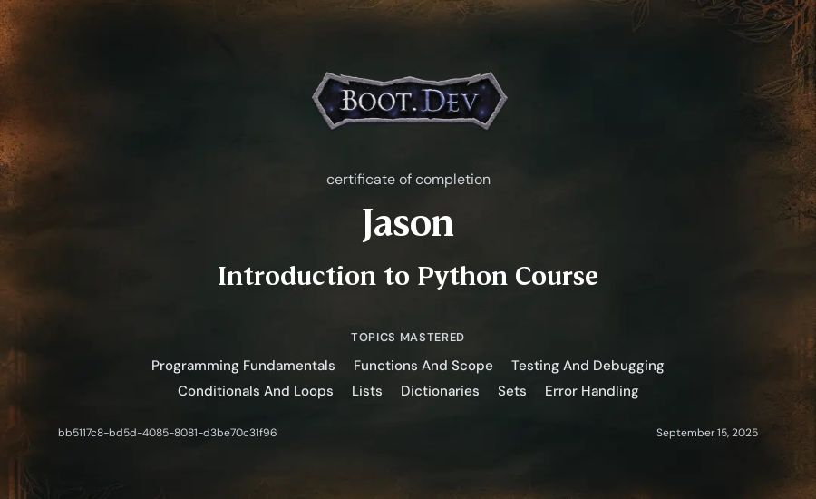 Jason's Boot.dev Introduction to Python Course certificate