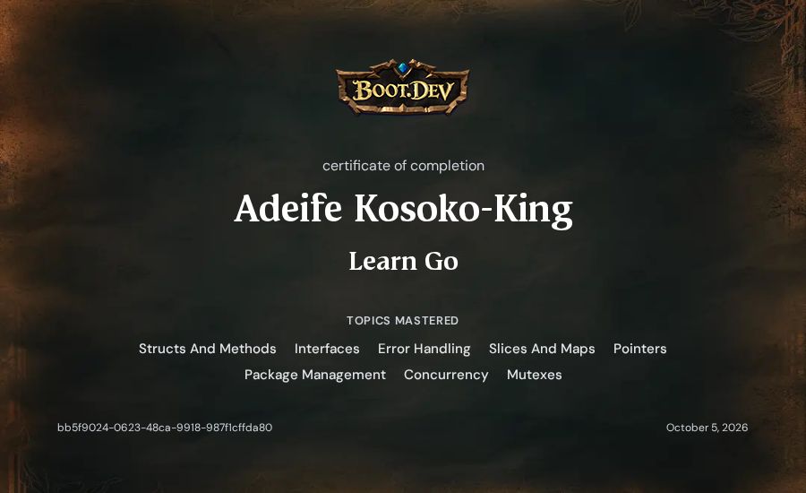 Adeife Kosoko-King's Boot.dev Learn Go certificate