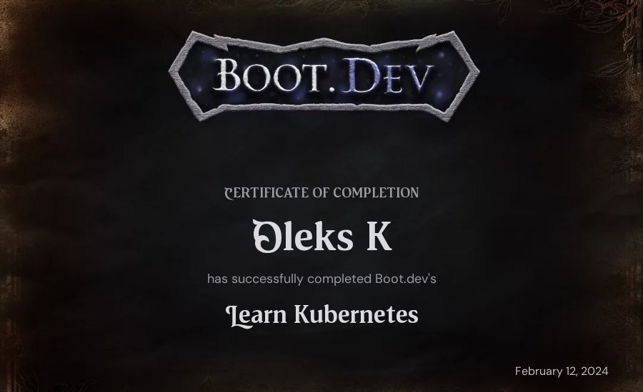 Oleks K's Boot.dev Learn Kubernetes certificate