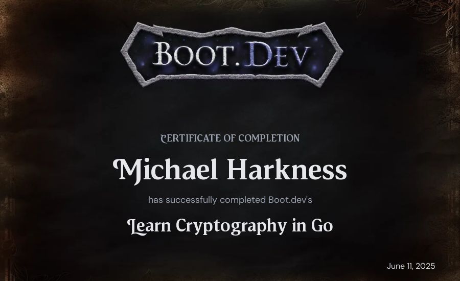 Michael Harkness's Boot.dev Learn Cryptography in Go certificate