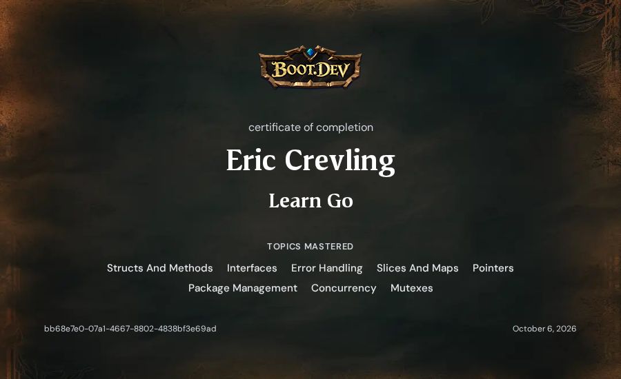 Eric Crevling's Boot.dev Learn Go certificate