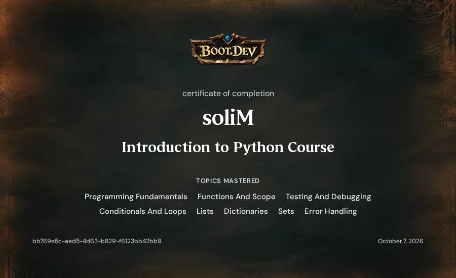 soliM's Boot.dev Introduction to Python Course certificate