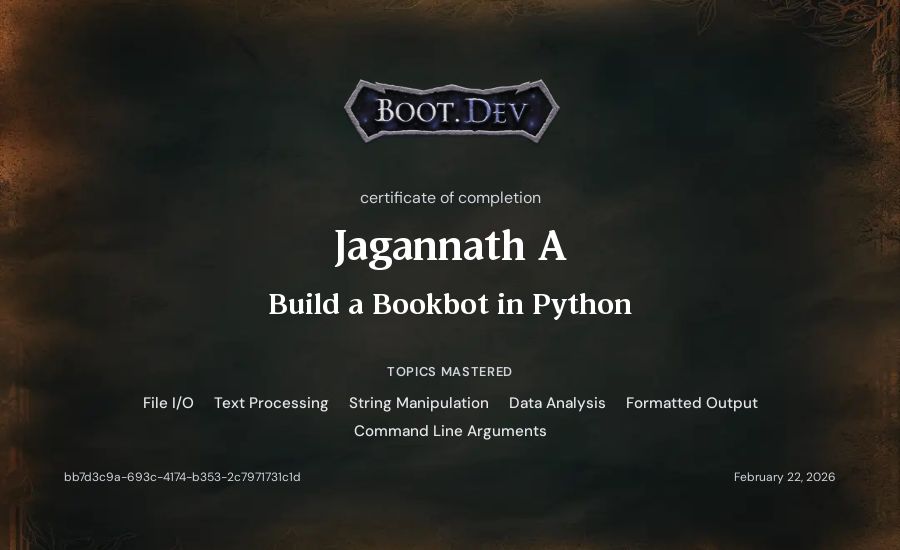 Jagannath A's Boot.dev Build a BookBot in Python certificate
