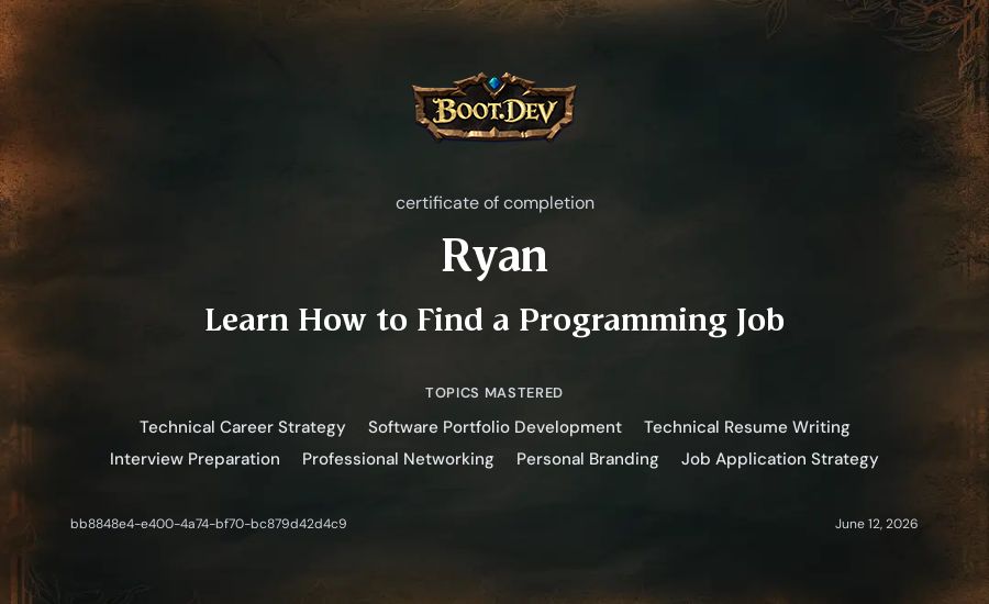 Ryan's Boot.dev Learn How to Find a Programming Job certificate