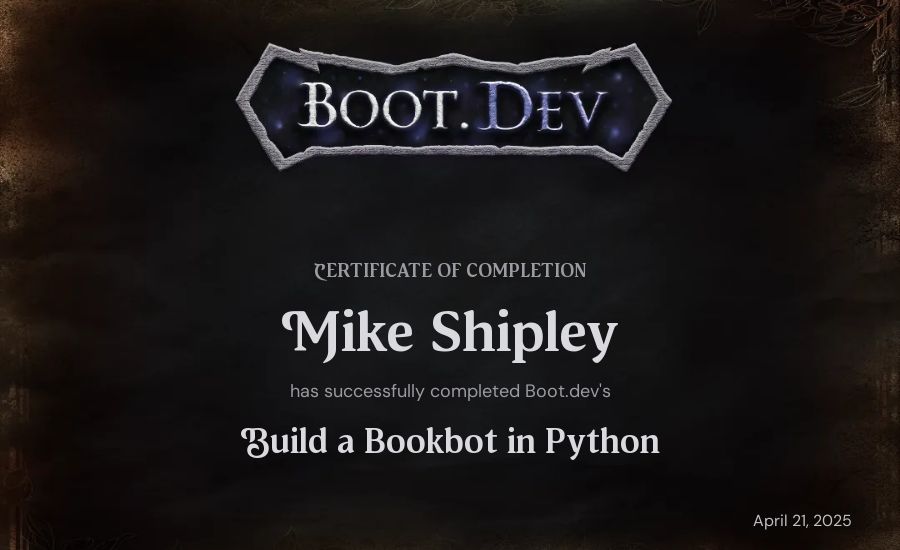 Mike Shipley's Boot.dev Build a BookBot in Python certificate