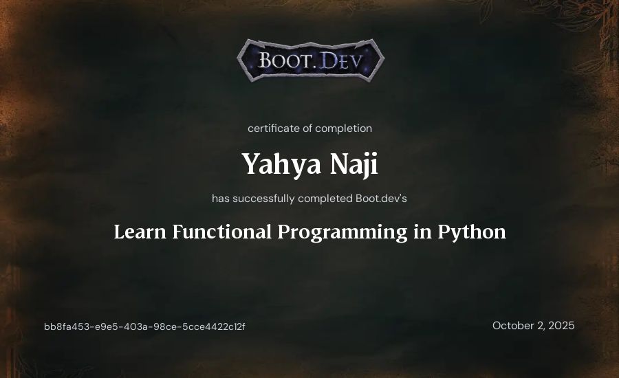 Yahya Naji's Boot.dev Learn Functional Programming in Python certificate