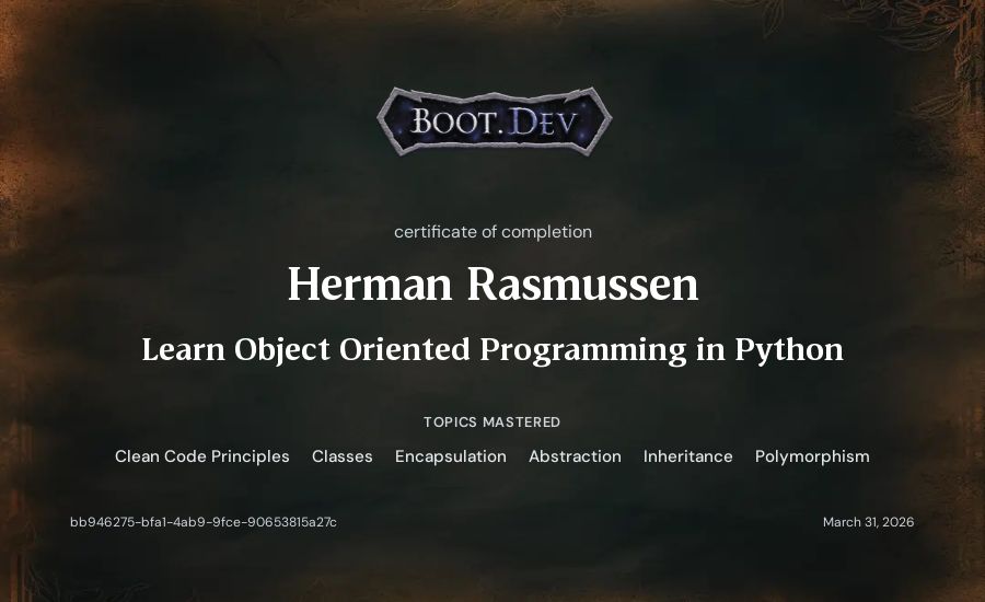 Herman Rasmussen's Boot.dev Learn Object Oriented Programming in Python certificate