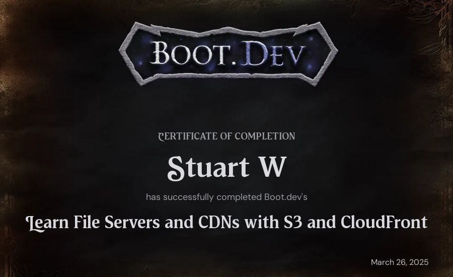 Stuart W's Boot.dev Learn File Servers and CDNs with S3 and CloudFront certificate