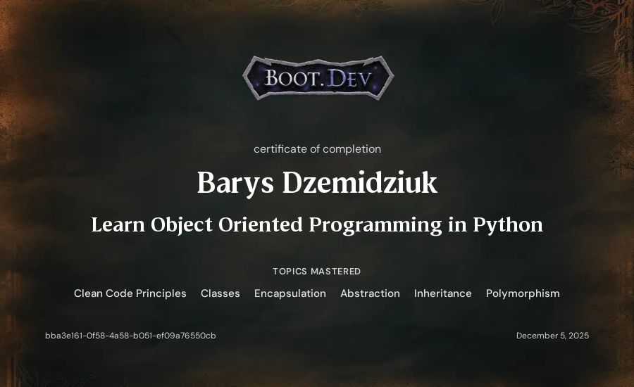 Barys Dzemidziuk's Boot.dev Learn Object Oriented Programming in Python certificate