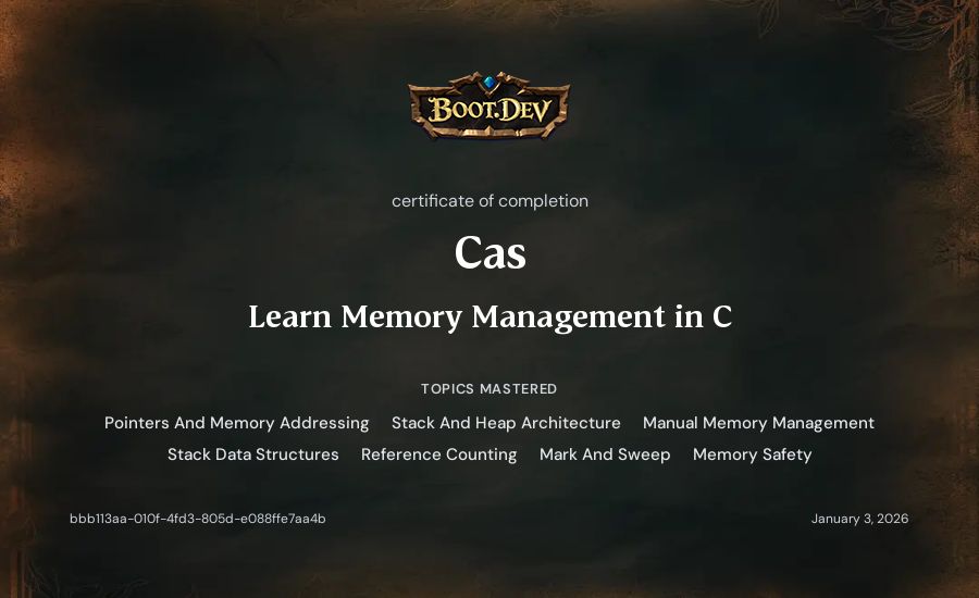 Cas's Boot.dev Learn Memory Management in C certificate