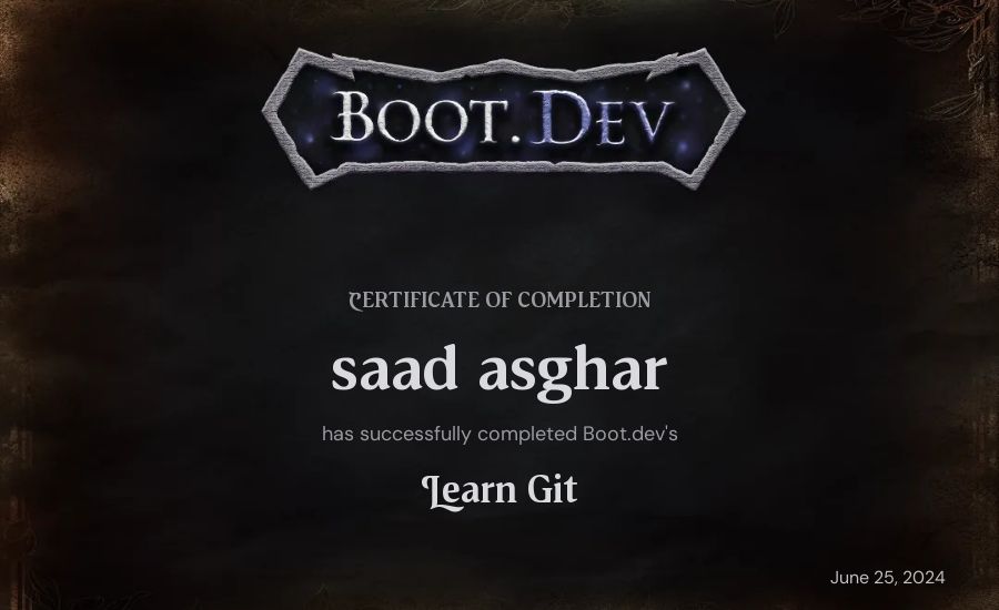 saad asghar's Boot.dev Learn Git certificate