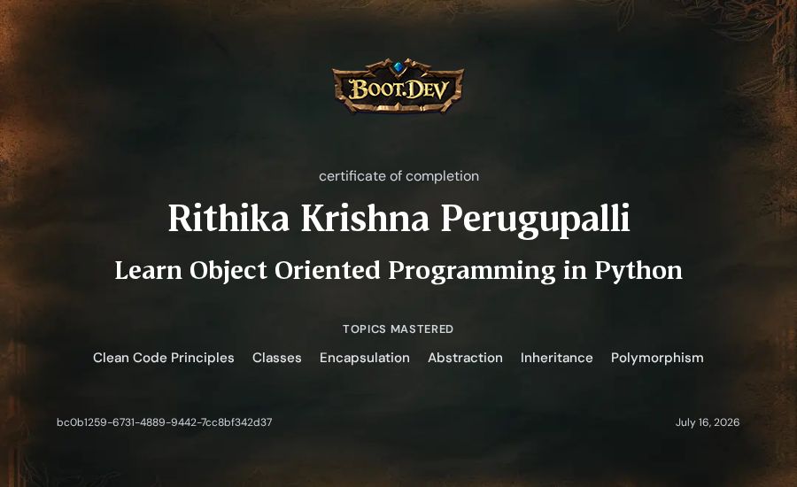 Rithika Krishna Perugupalli's Boot.dev Learn Object Oriented Programming in Python certificate