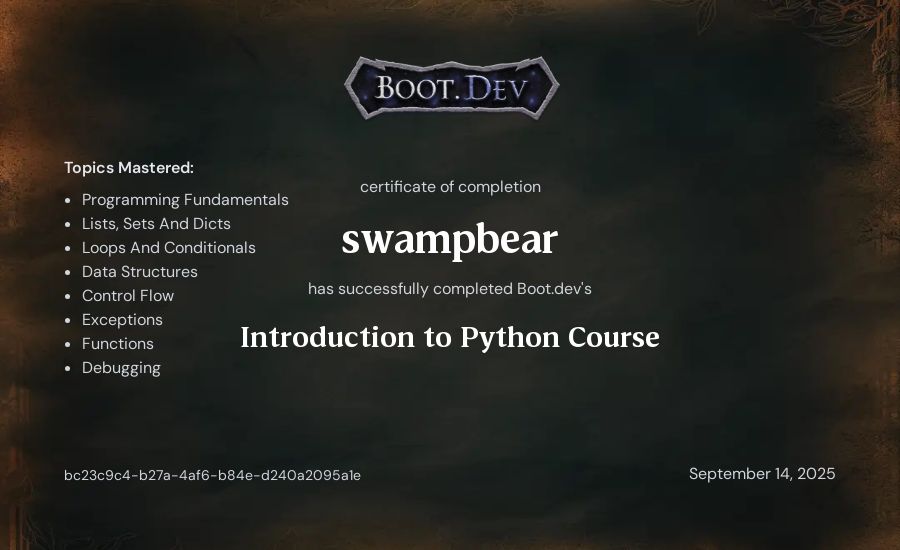 swampbear's Boot.dev Introduction to Python Course certificate