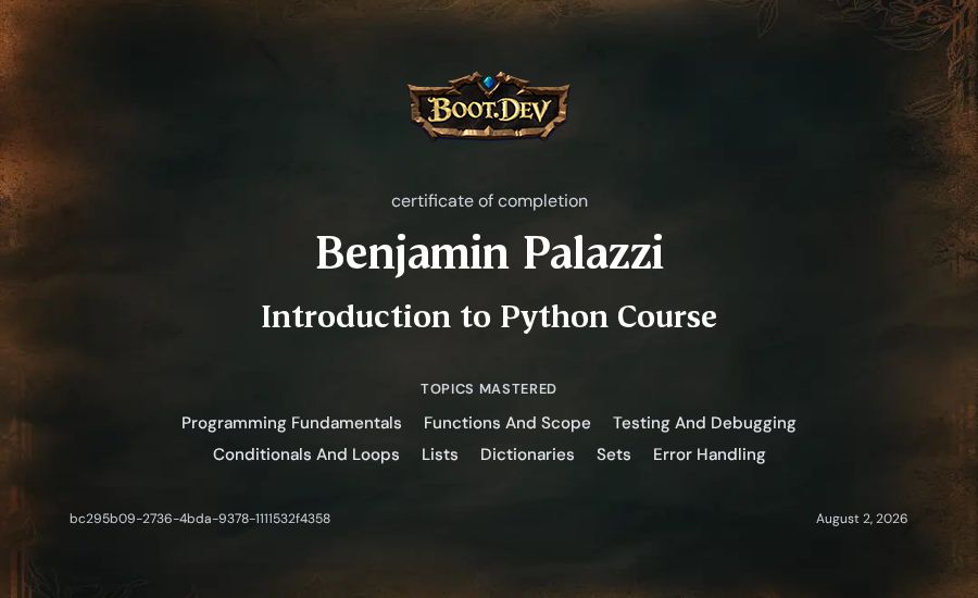 Benjamin Palazzi's Boot.dev Introduction to Python Course certificate