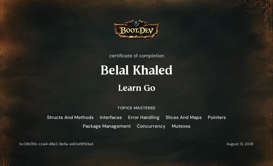 Belal Khaled's Boot.dev Learn Go certificate