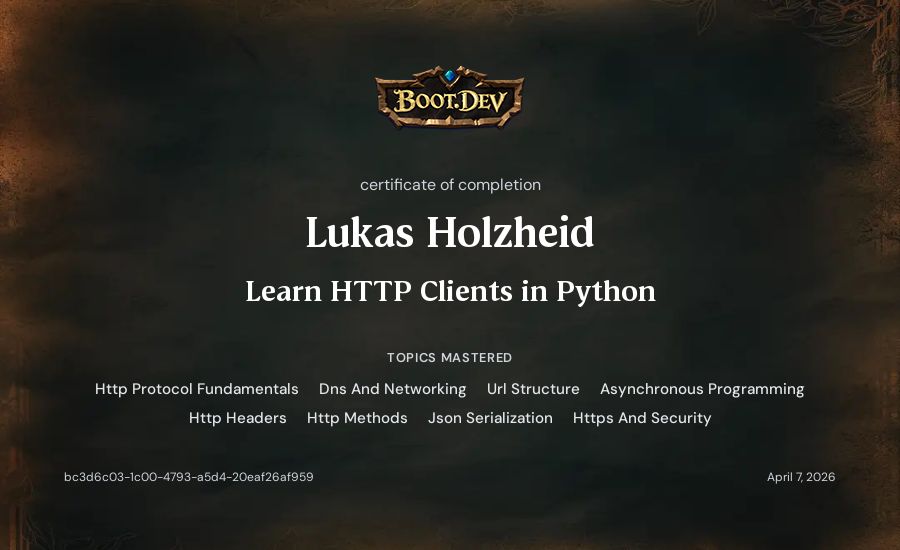 Lukas Holzheid's Boot.dev Learn HTTP Clients in Python certificate