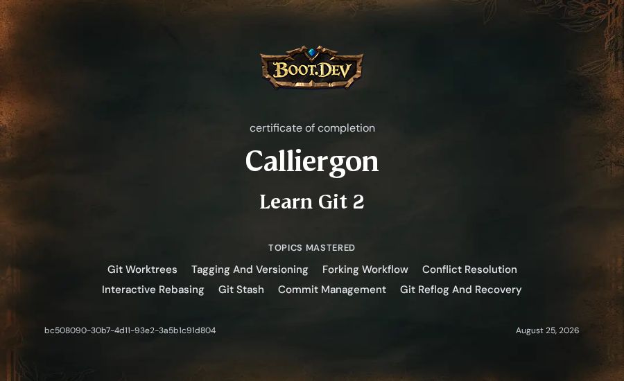 Calliergon's Boot.dev Learn Git 2 certificate