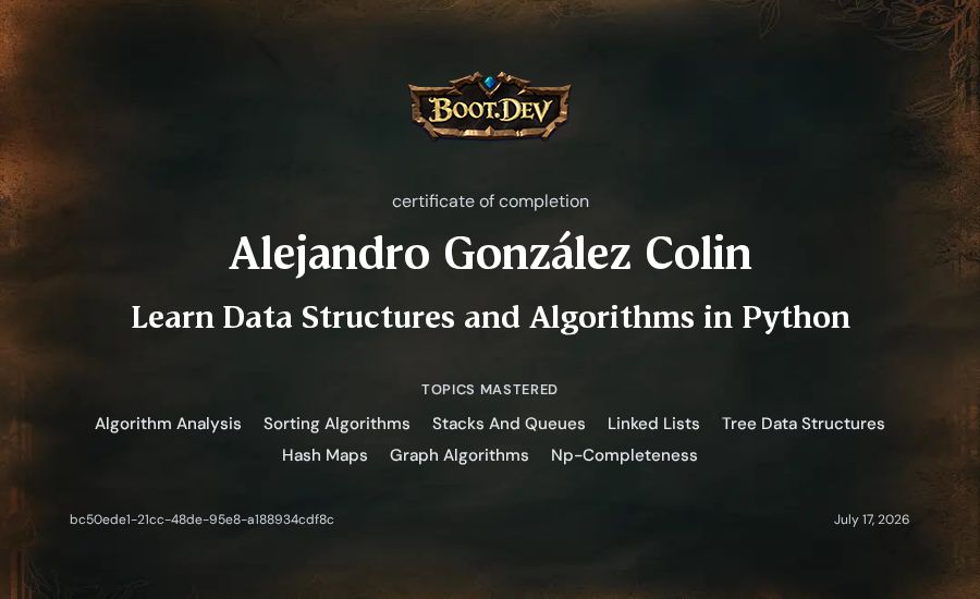 Alejandro González Colin's Boot.dev Learn Data Structures and Algorithms in Python certificate