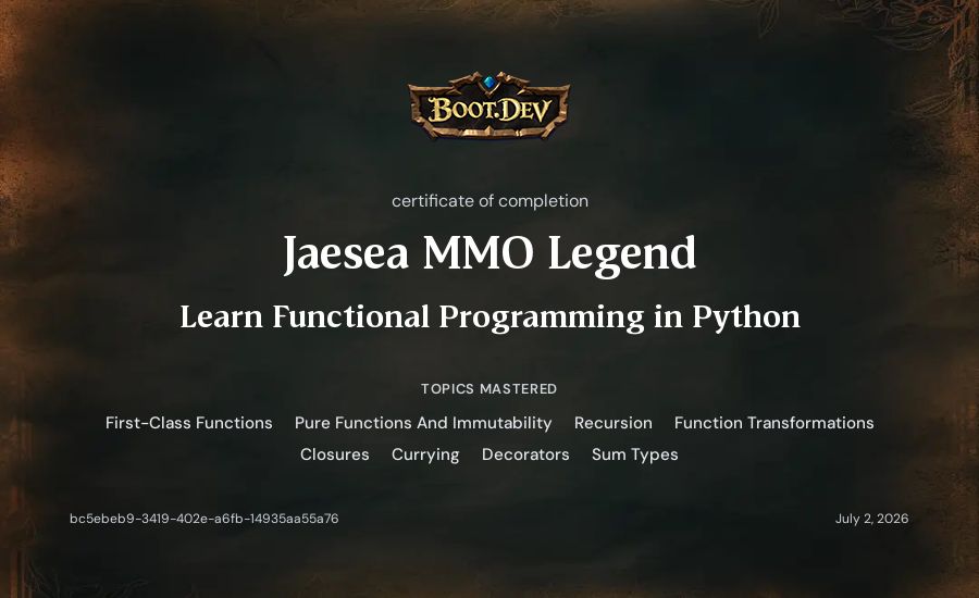 Jaesea MMO Legend's Boot.dev Learn Functional Programming in Python certificate