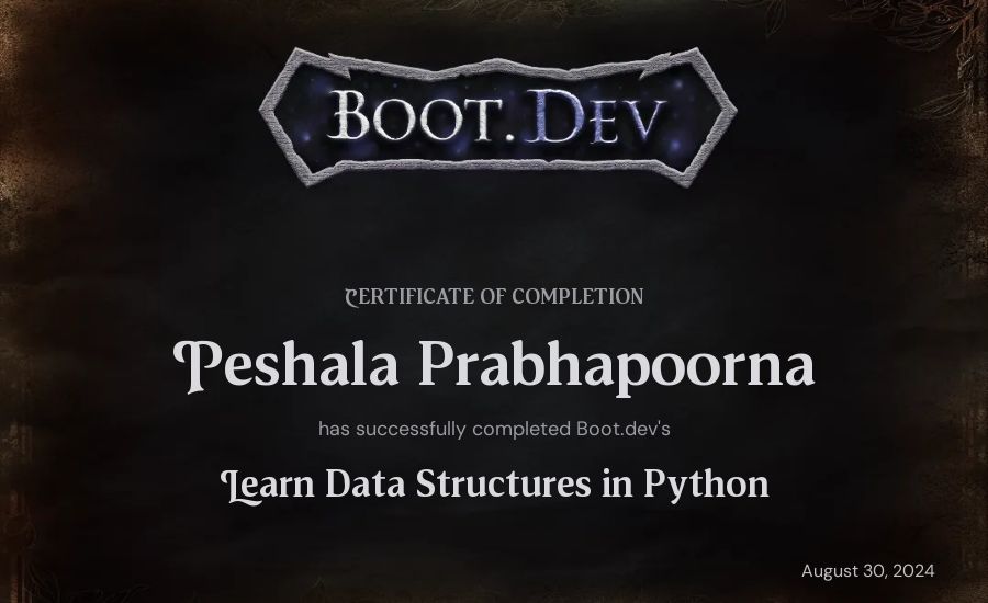 Peshala Prabhapoorna's Boot.dev Learn Data Structures and Algorithms in Python certificate