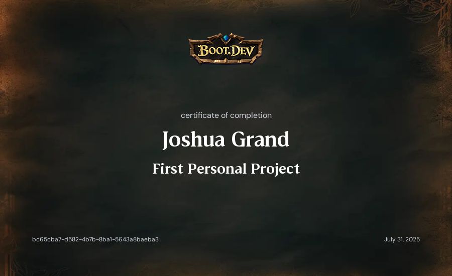 Joshua Grand's Boot.dev First Personal Project certificate