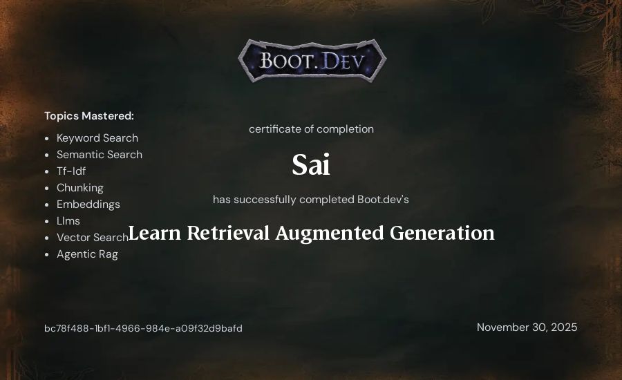 Sai's Boot.dev Learn Retrieval Augmented Generation certificate