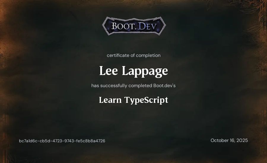 Lee Lappage's Boot.dev Learn TypeScript certificate