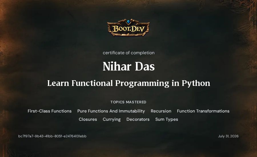 Nihar Das's Boot.dev Learn Functional Programming in Python certificate
